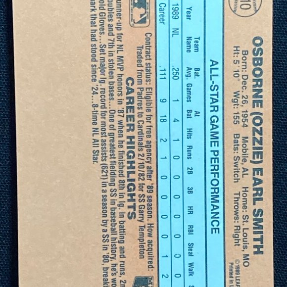 OZZIE SMITH DONRUSS 1989 NATIONAL BASEBALL CARD - Picture 2 of 2